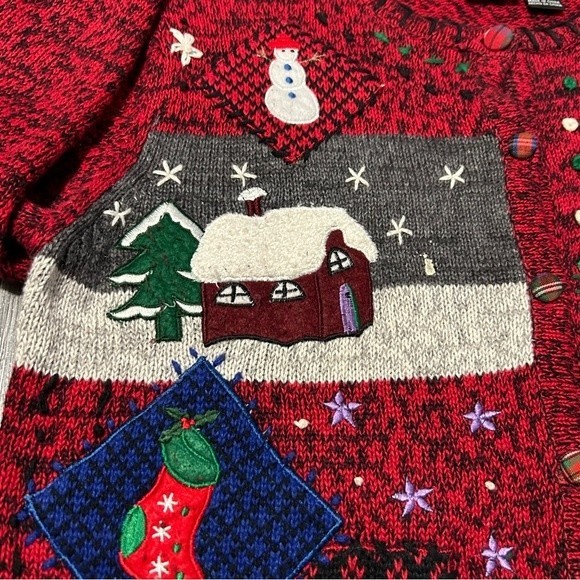 Vintage Red Embroidered Festive Holiday Cardigan Sz M Ugly Christmas Sweater - Picture 5 of 9
